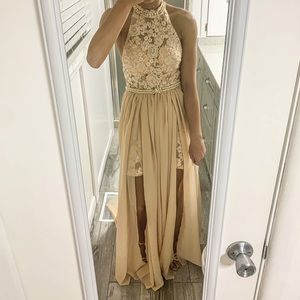 Champagne Halter Lace Chiffon Train Dress
